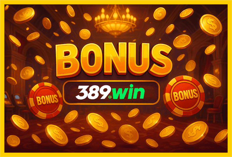 Imagem promovendo bônus 389WIN com recompensas imperdíveis.